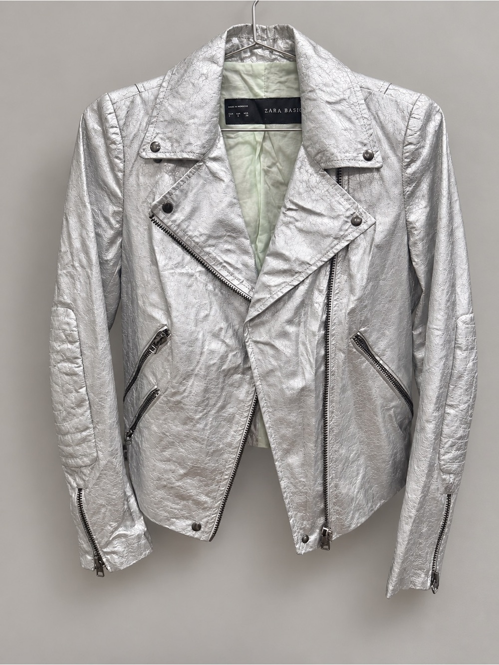 Zara Metallic Silver Moto Leather Jacket